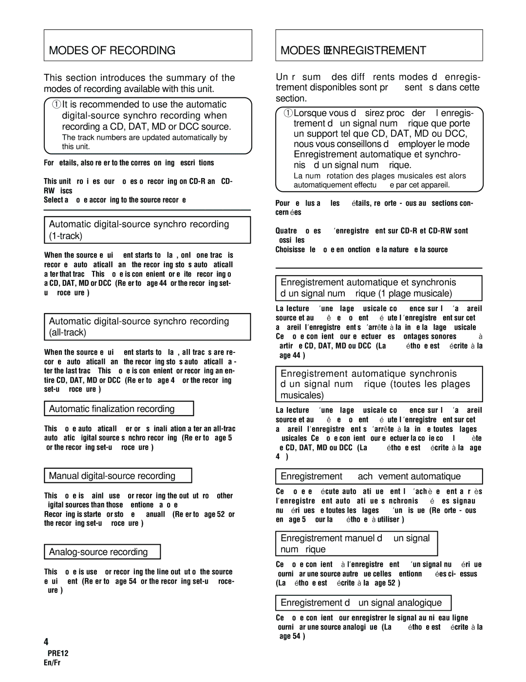 Pioneer PDR-555RW operating instructions Modes of Recording Modes D’ENREGISTREMENT 