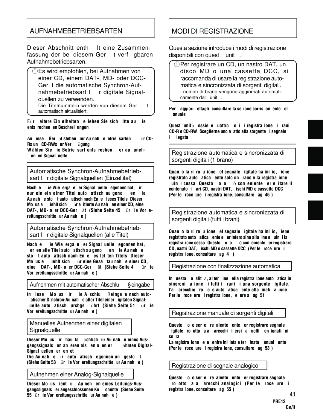 Pioneer PDR-555RW operating instructions Aufnahmebetriebsarten Modi DI Registrazione 