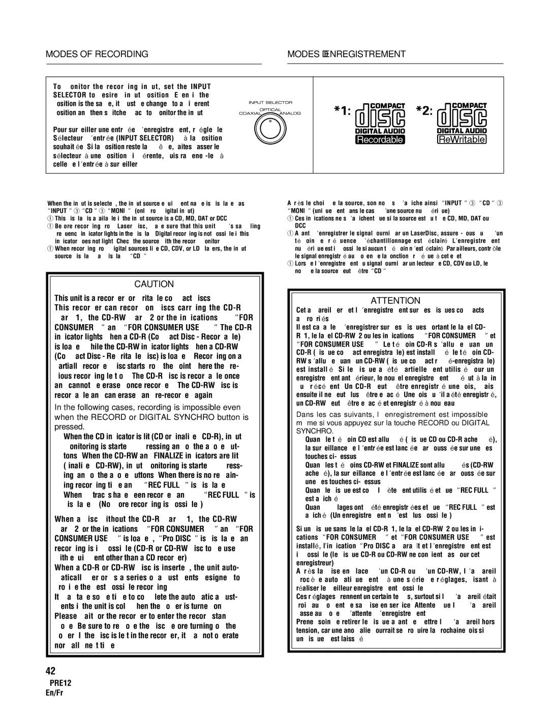 Pioneer PDR-555RW Modes of Recording Modes D’ENREGISTREMENT, This unit is a recorder for writable compact discs 