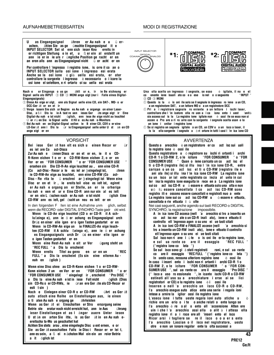 Pioneer PDR-555RW operating instructions Aufnahmebetriebsarten Modi DI Registrazione, Vorsicht 