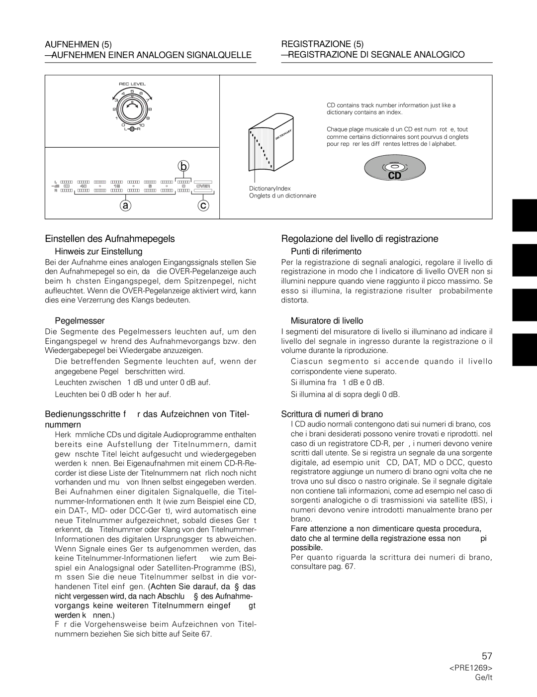 Pioneer PDR-555RW operating instructions Einstellen des Aufnahmepegels, Regolazione del livello di registrazione 