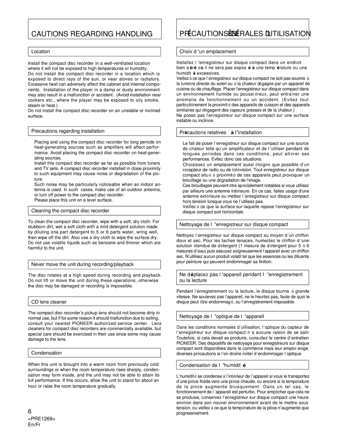 Pioneer PDR-555RW operating instructions Précautions Générales D’UTILISATION 