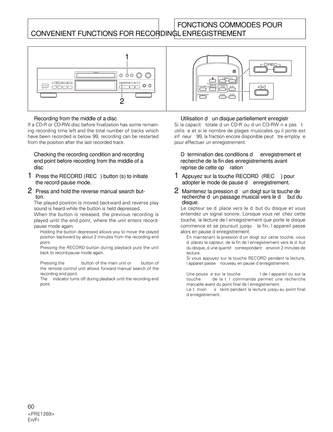 Pioneer PDR-555RW operating instructions Convenient Functions for Recording, Recording from the middle of a disc 