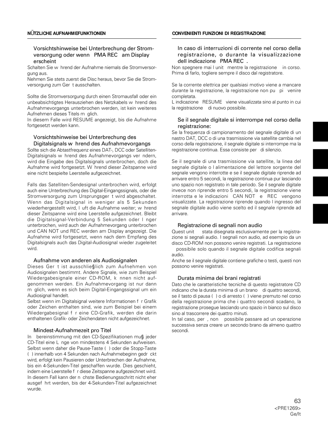 Pioneer PDR-555RW operating instructions Nützliche Aufnahmefunktionen, Convenienti Funzioni DI Registrazione 