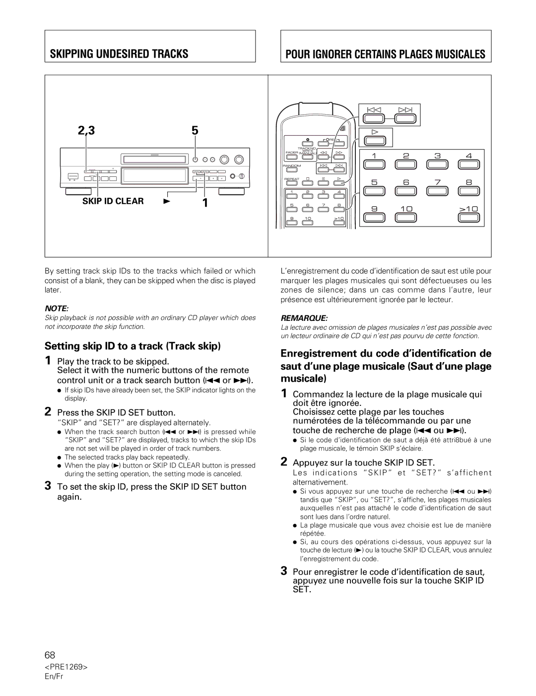 Pioneer PDR-555RW Skipping Undesired Tracks, Setting skip ID to a track Track skip, Press the Skip ID SET button 