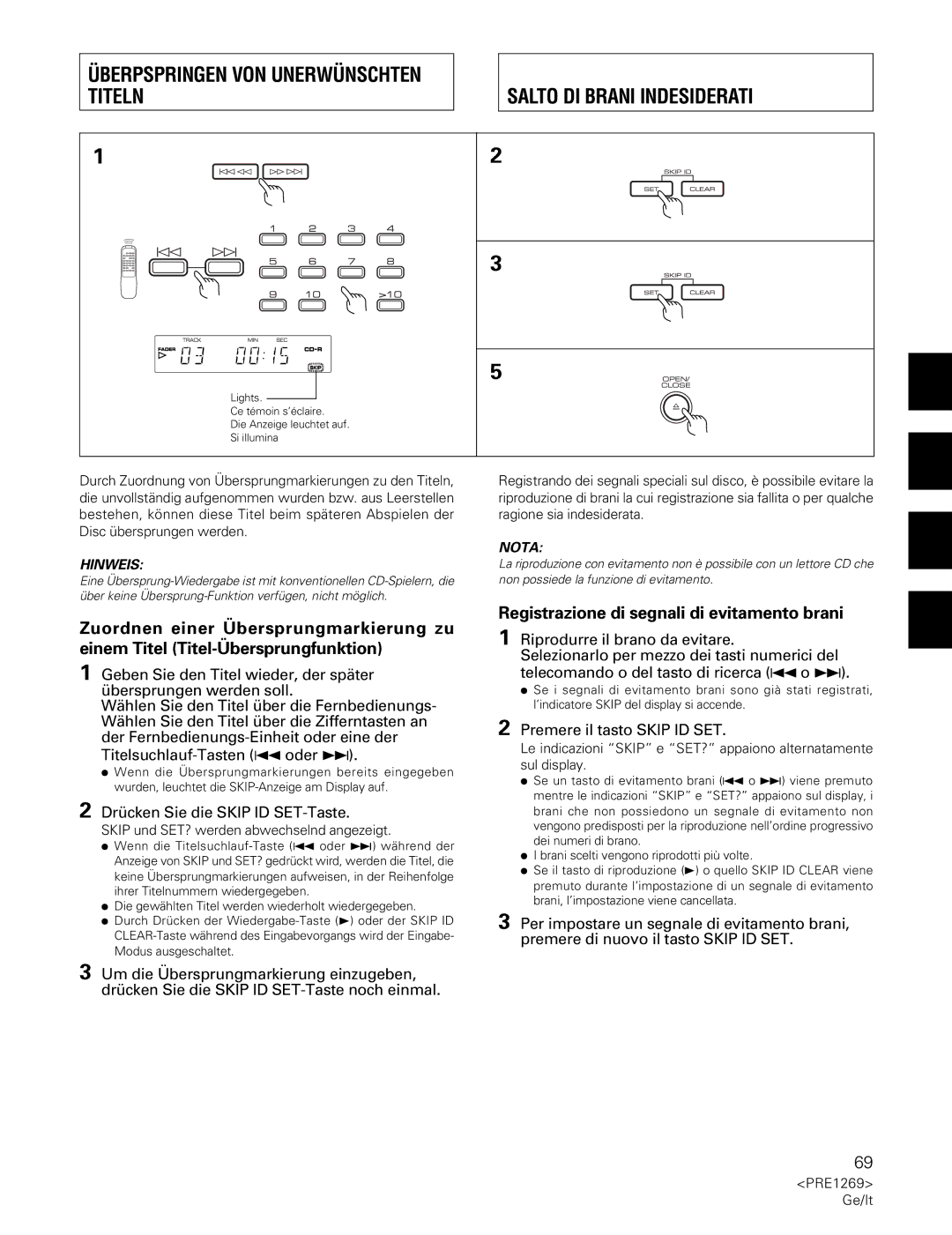 Pioneer PDR-555RW operating instructions Registrazione di segnali di evitamento brani, Drücken Sie die Skip ID SET-Taste 