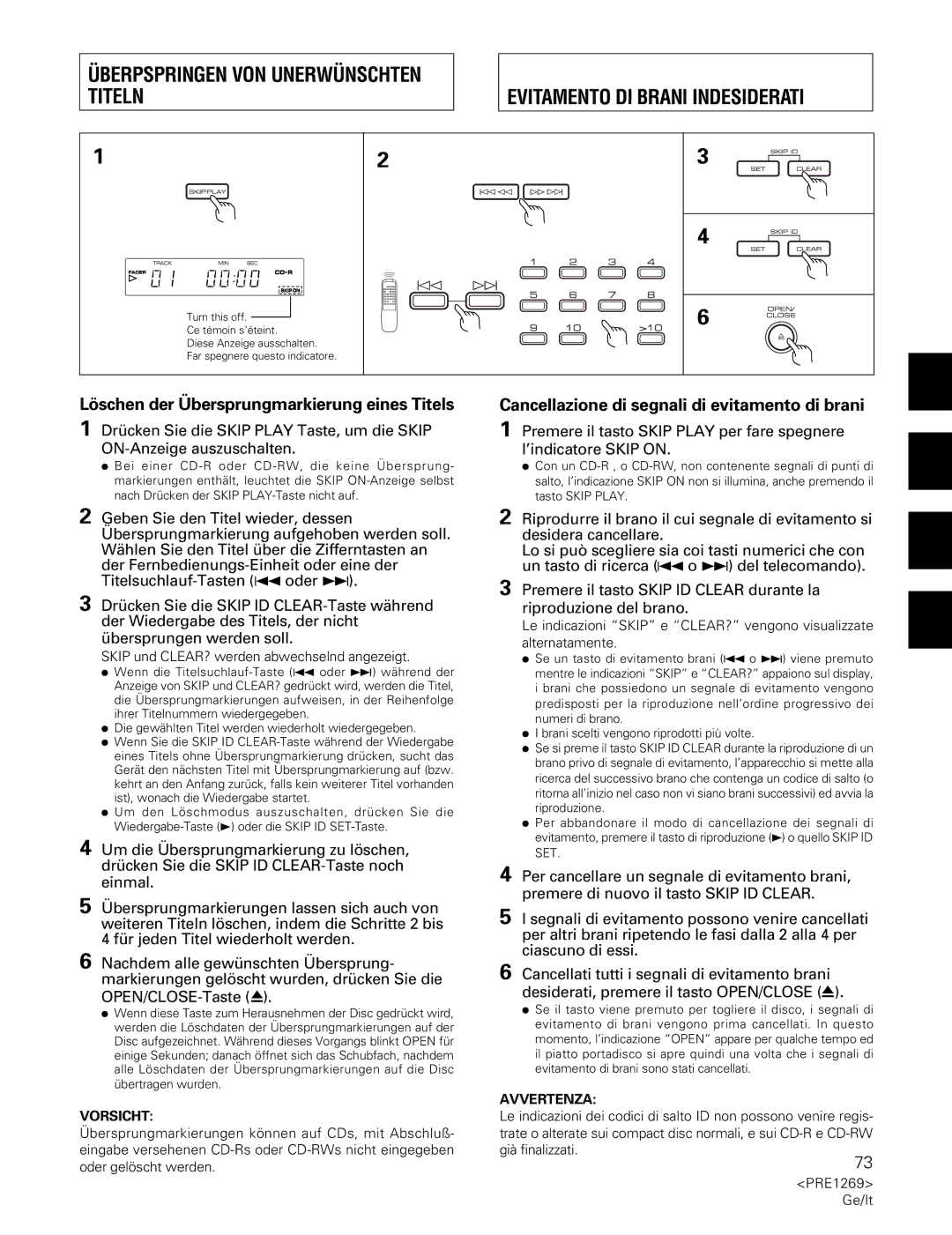 Pioneer PDR-555RW Löschen der Übersprungmarkierung eines Titels, Cancellazione di segnali di evitamento di brani 