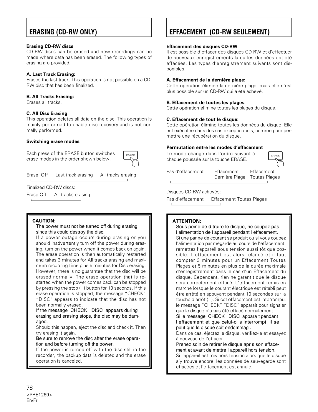 Pioneer PDR-555RW operating instructions Erasing CD-RW only, Effacement CD-RW Seulement 