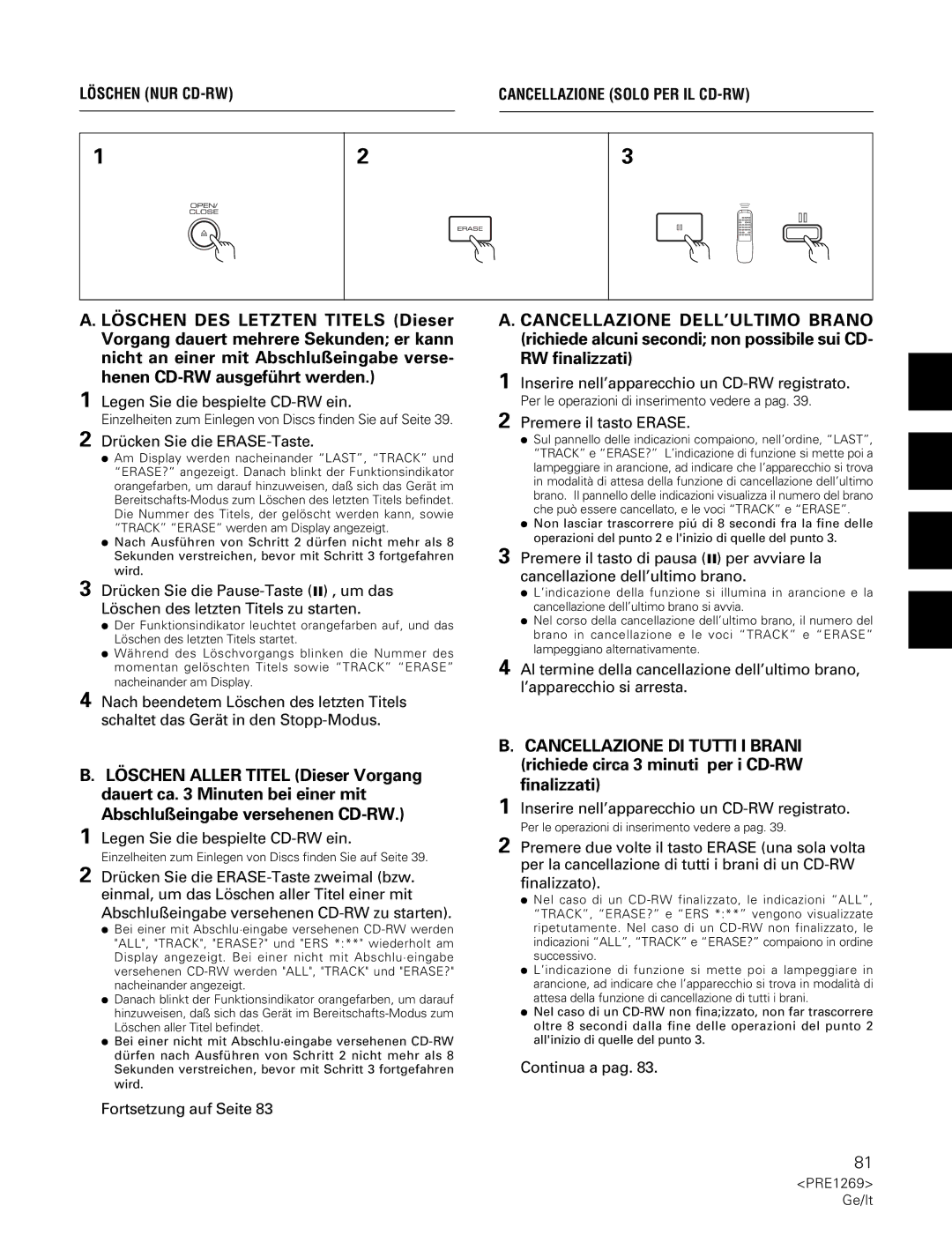 Pioneer PDR-555RW operating instructions Löschen NUR CD-RWCANCELLAZIONE Solo PER IL CD-RW 