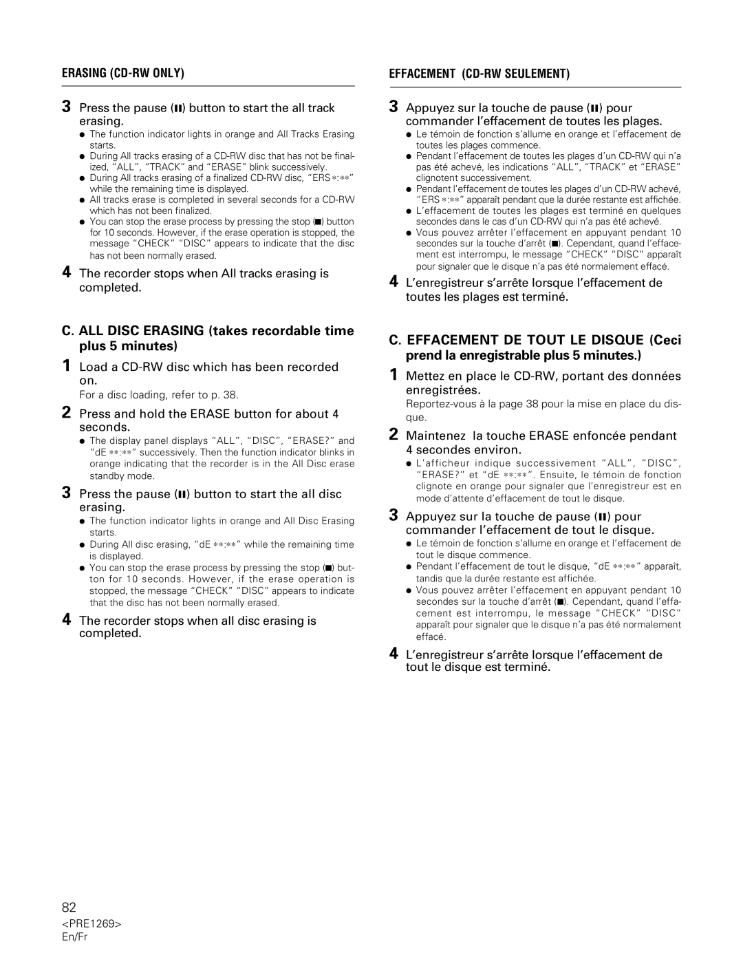 Pioneer PDR-555RW operating instructions ALL Disc Erasing takes recordable time plus 5 minutes, Erasing CD-RW only 