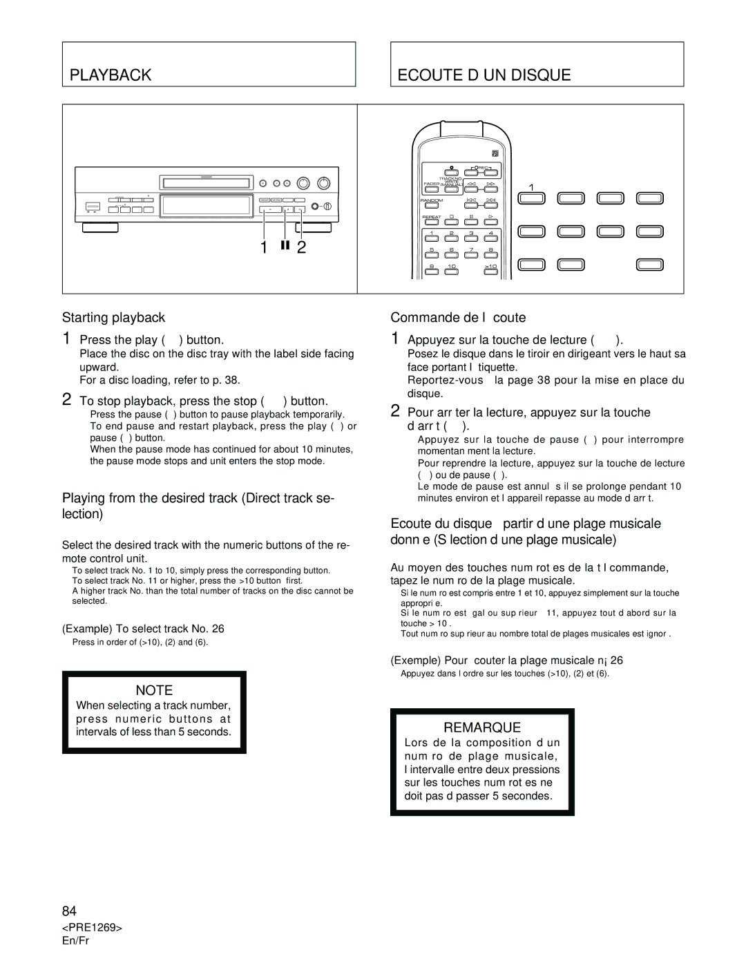 Pioneer PDR-555RW operating instructions Playback Ecoute D’UN Disque, Starting playback Commande de l’écoute 