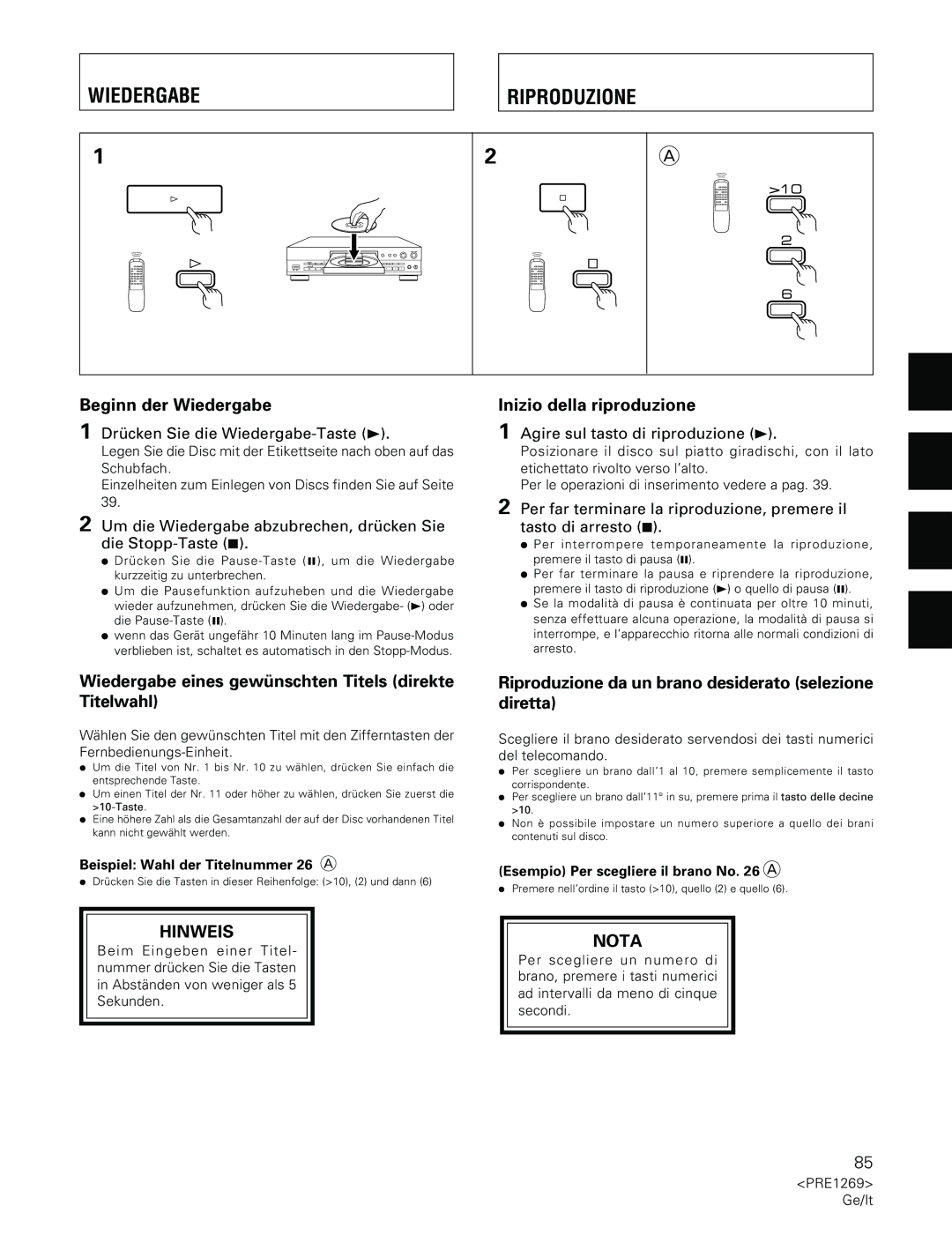 Pioneer PDR-555RW operating instructions Wiedergabe Riproduzione, Beginn der Wiedergabe, Inizio della riproduzione 