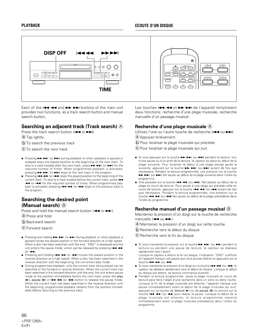 Pioneer PDR-555RW Searching an adjacent track Track search a, Searching the desired point Manual search B 