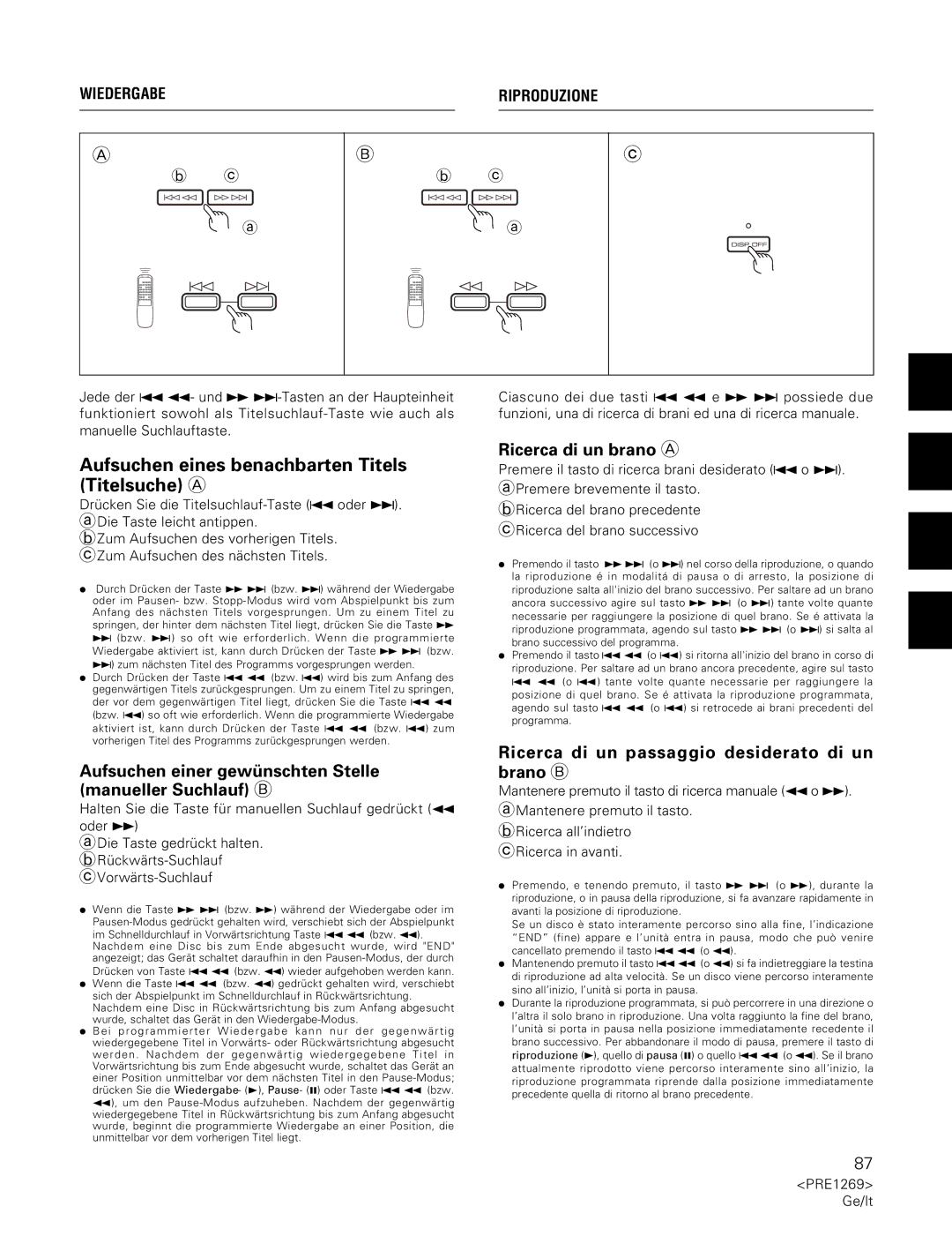 Pioneer PDR-555RW Aufsuchen eines benachbarten Titels Titelsuche a, Ricerca di un brano a, Wiedergabe Riproduzione 