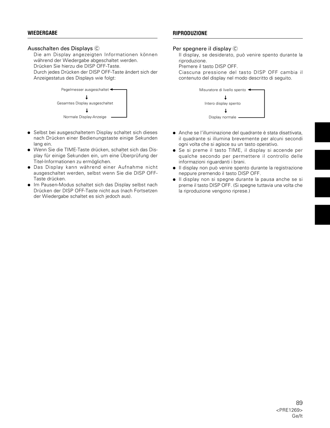 Pioneer PDR-555RW operating instructions Wiedergabe, Ausschalten des Displays C, Per spegnere il display C 