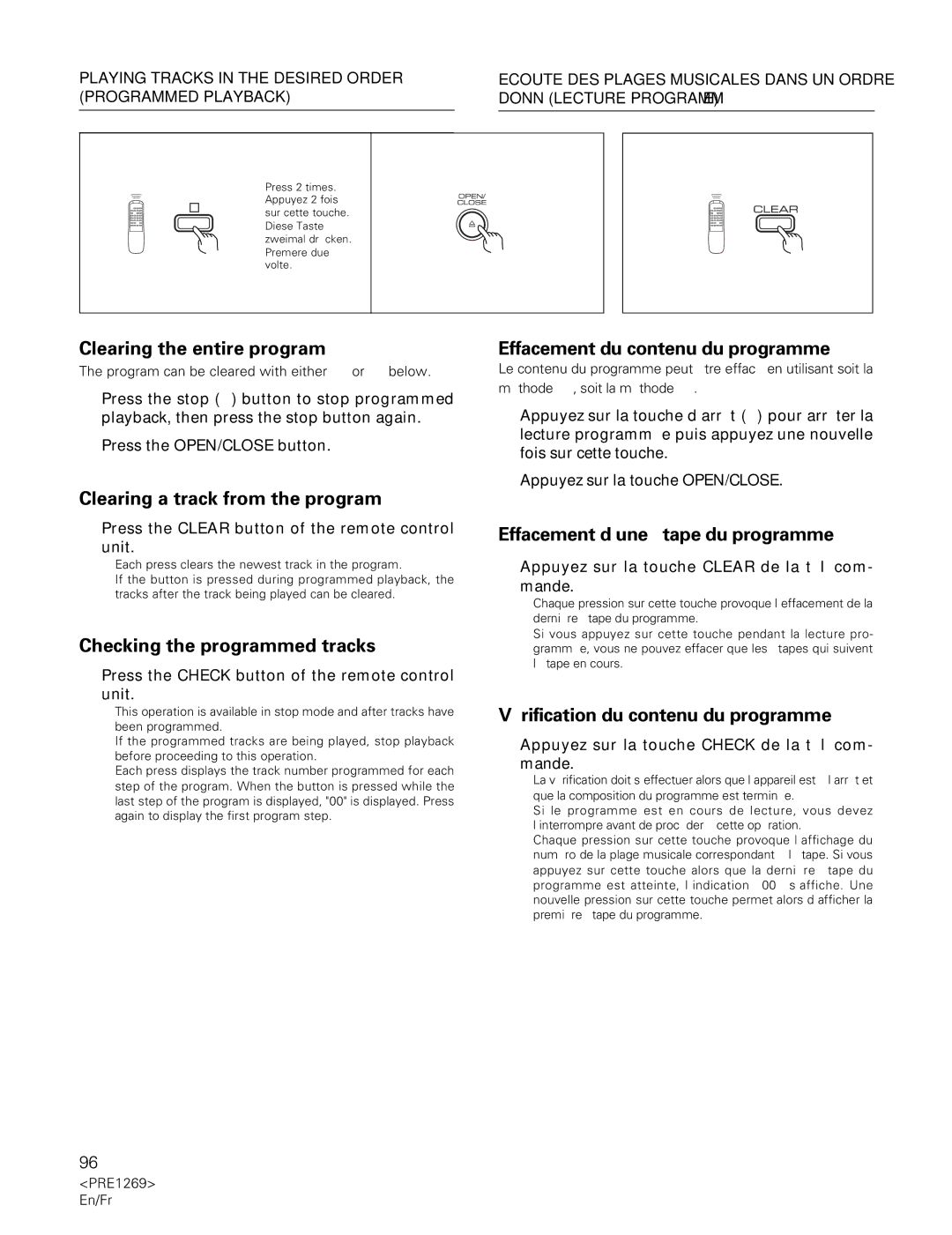 Pioneer PDR-555RW Clearing the entire program, Effacement du contenu du programme, Clearing a track from the program 