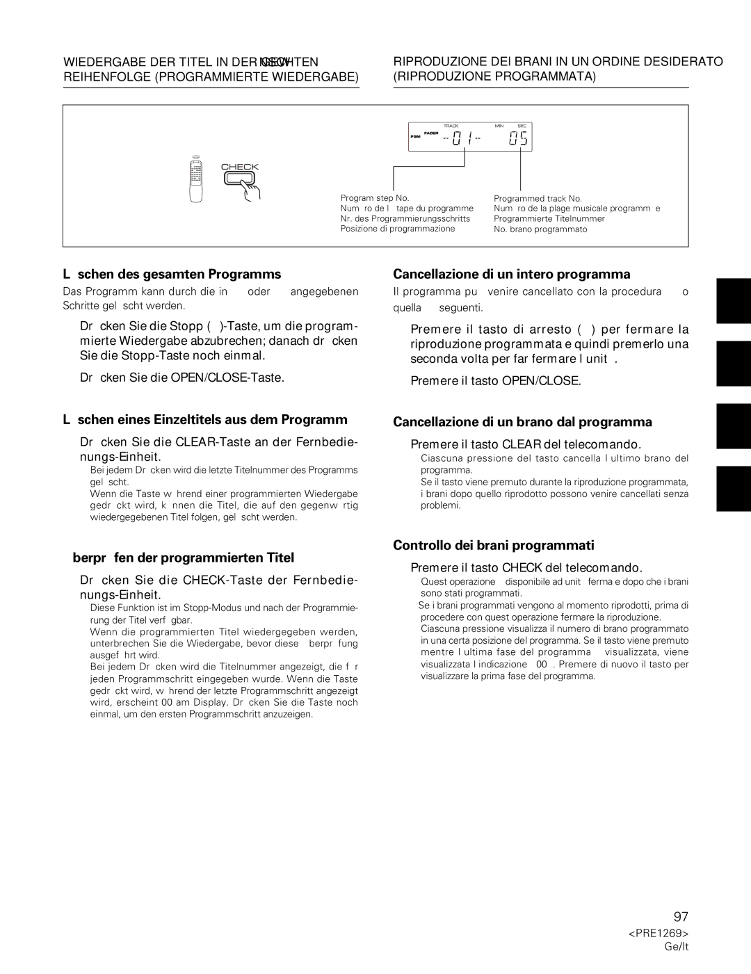 Pioneer PDR-555RW Löschen des gesamten Programms, Cancellazione di un intero programma, Controllo dei brani programmati 