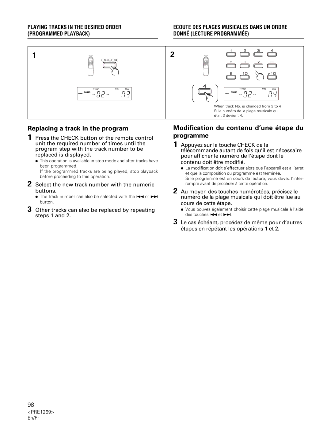 Pioneer PDR-555RW operating instructions Replacing a track in the program, Modification du contenu d’une étape du programme 