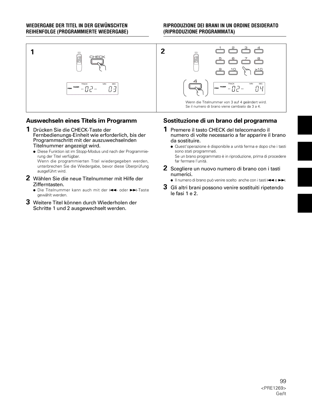 Pioneer PDR-555RW operating instructions Auswechseln eines Titels im Programm, Sostituzione di un brano del programma 