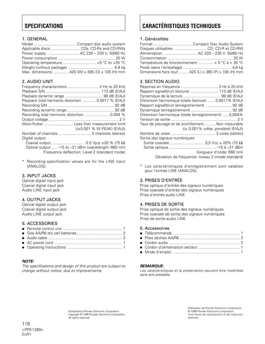 Pioneer PDR-555RW operating instructions Specifications, Caractéristiques Techniques 