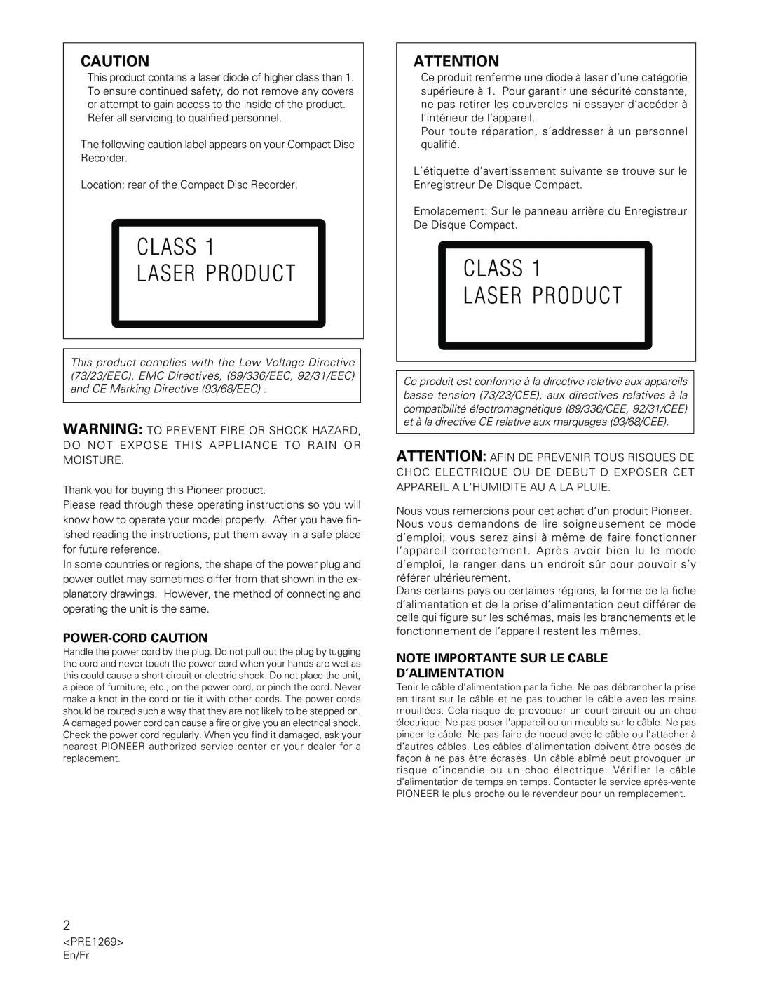 Pioneer PDR-555RW Class Laser Product, Power-Cordcaution, Note Importante Sur Le Cable D’Alimentation 