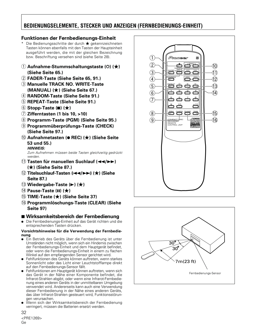 Pioneer PDR-555RW operating instructions Funktionen der Fernbedienungs-Einheit, 7Wirksamkeitsbereich der Fernbedienung 