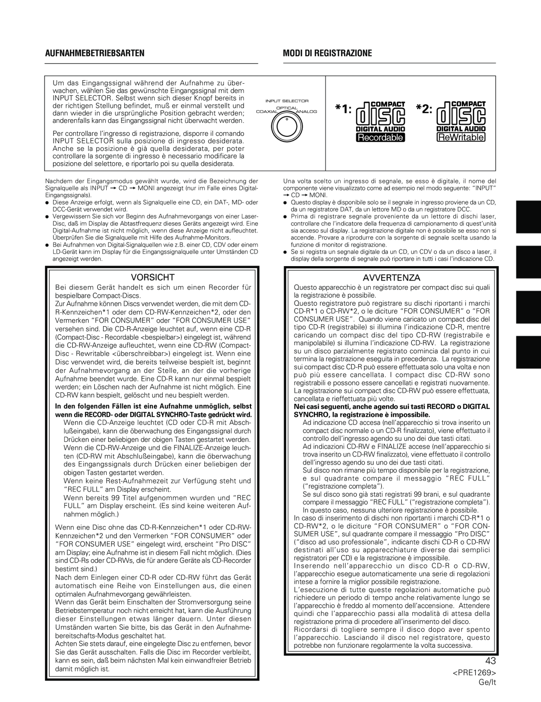 Pioneer PDR-555RW operating instructions Aufnahmebetriebsarten, Modi Di Registrazione, Vorsicht, Avvertenza 