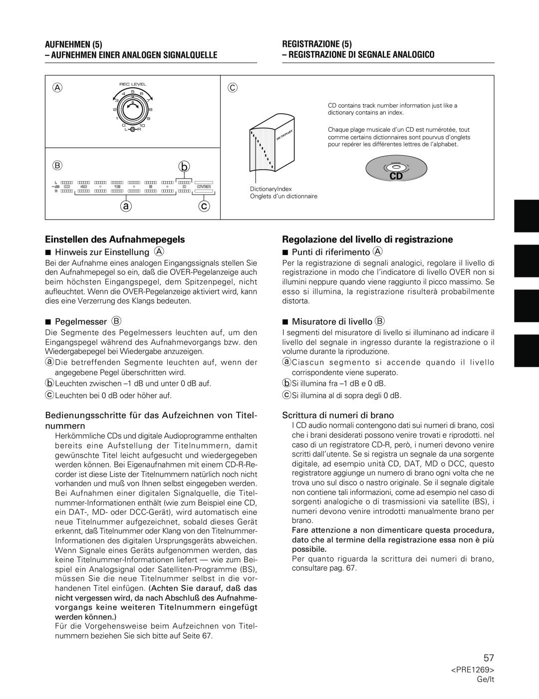 Pioneer PDR-555RW operating instructions Einstellen des Aufnahmepegels, Regolazione del livello di registrazione 