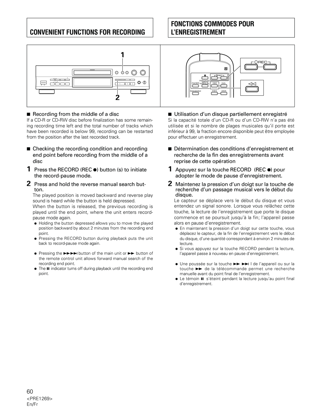 Pioneer PDR-555RW operating instructions Convenient Functions For Recording, Fonctions Commodes Pour L’Enregistrement 