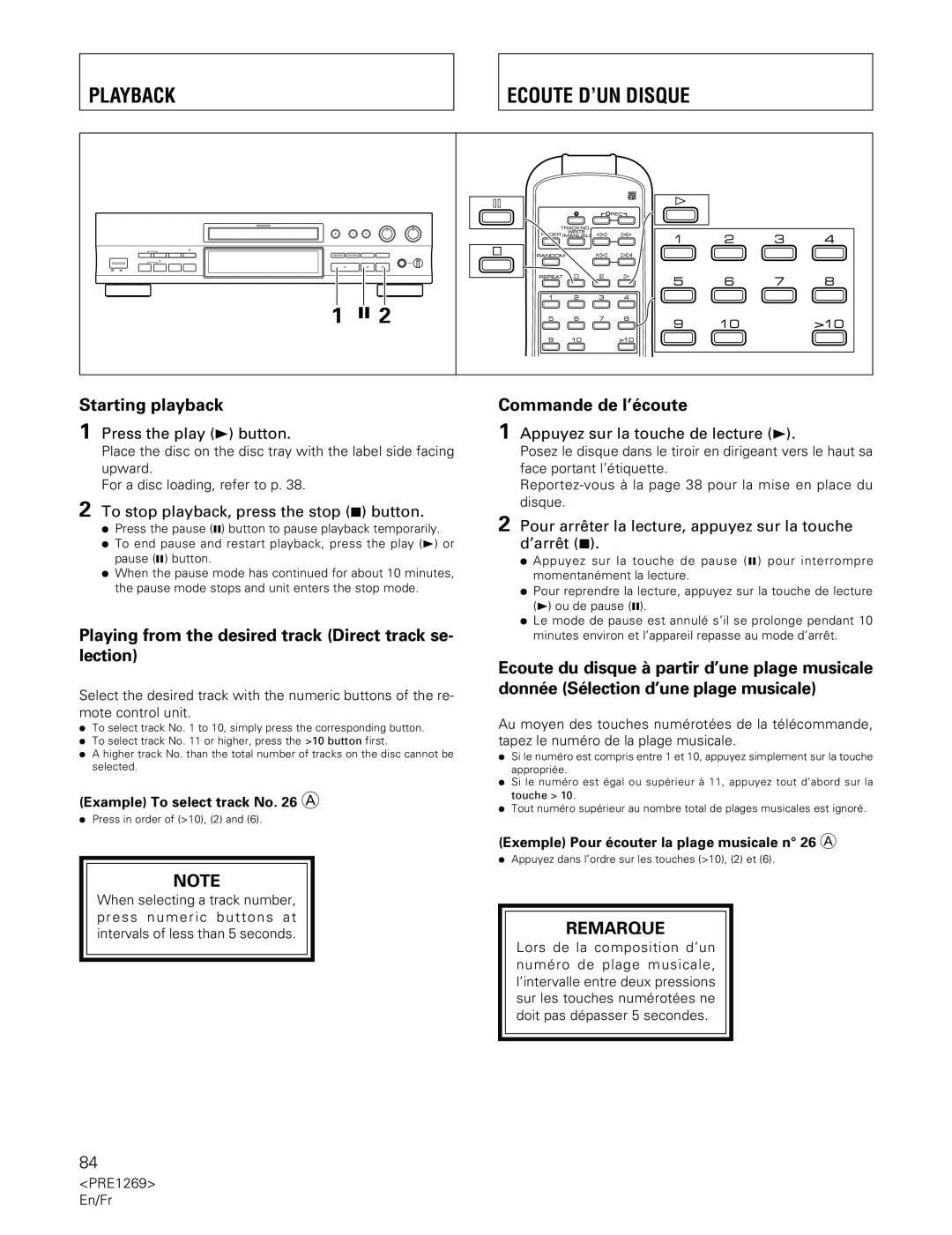 Pioneer PDR-555RW operating instructions Playback, Ecoute D’Un Disque, Starting playback, Commande de l’écoute, Remarque 