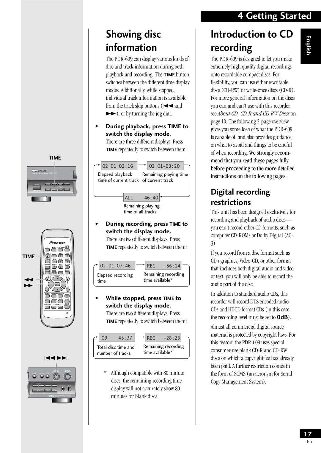 Pioneer PDR-609 operating instructions ¥ During playback, press Time to switch the display mode 