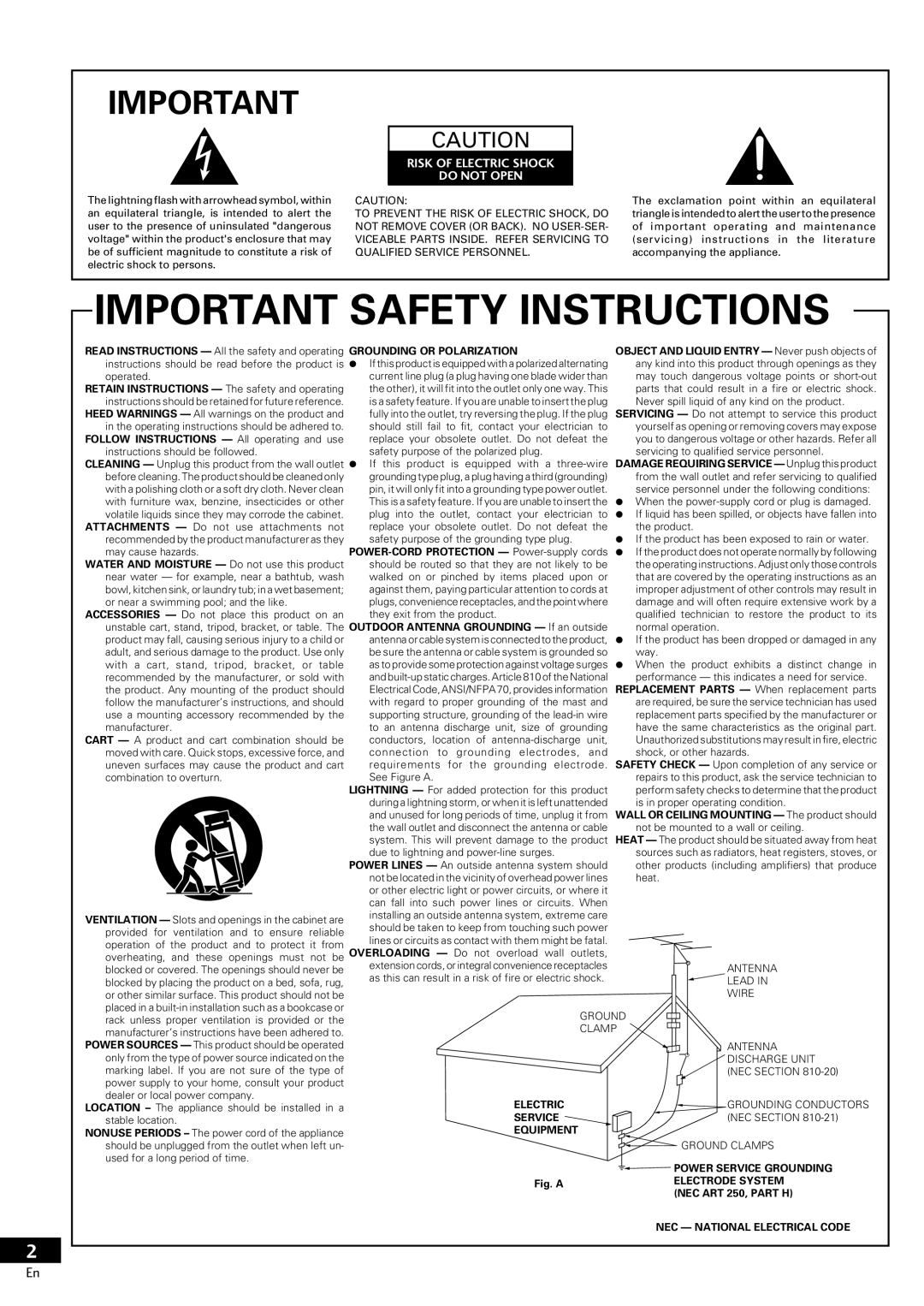 Pioneer PDR-609 operating instructions Important Safety Instructions 