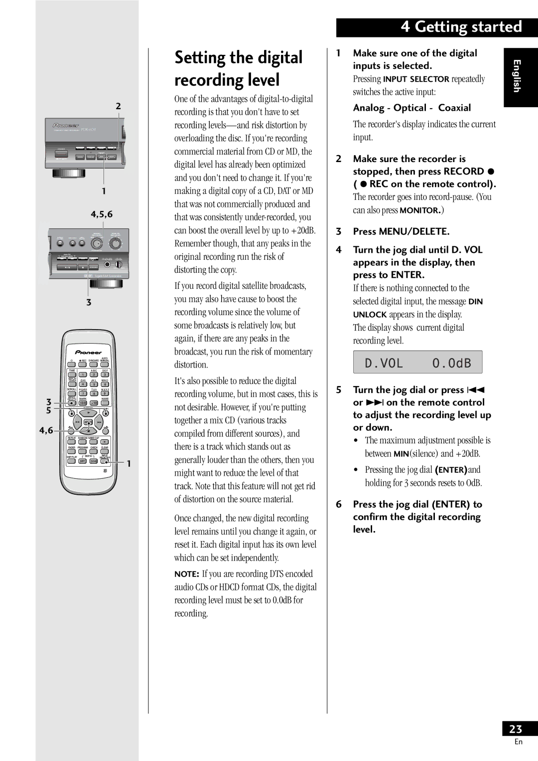 Pioneer PDR-609 Setting the digital, Recording level, Make sure one of the digital inputs is selected, Press MENU/DELETE 