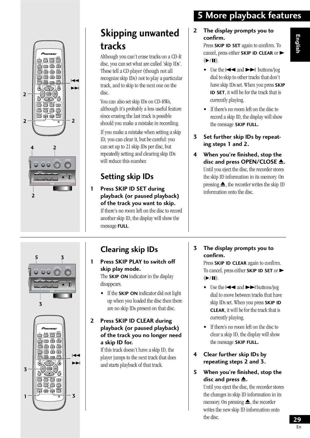 Pioneer PDR-609 operating instructions Skipping unwanted tracks, Setting skip IDs, Clearing skip IDs 