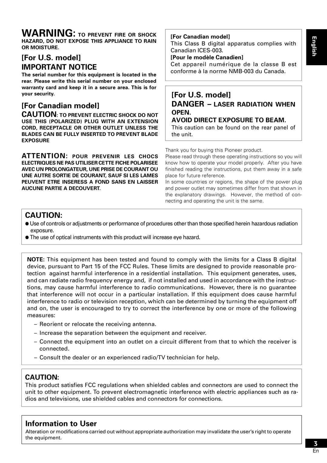 Pioneer PDR-609 operating instructions Avoid Direct Exposure to Beam, For Canadian model, Pour le modèle Canadien 