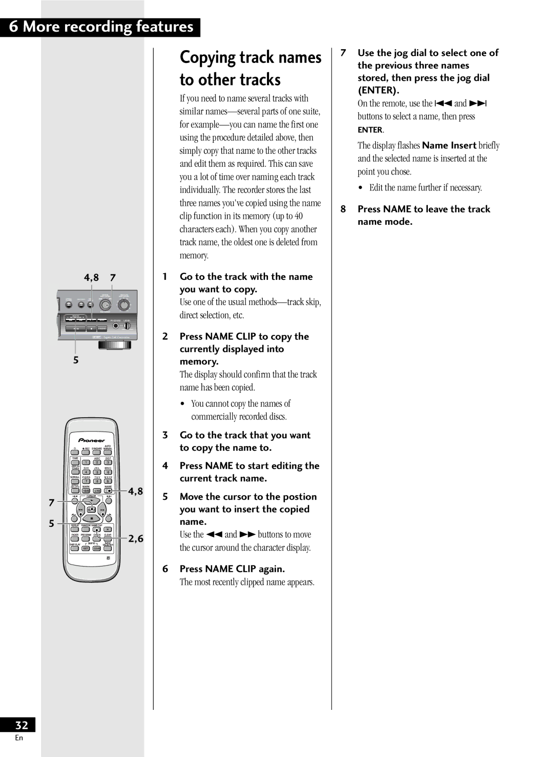 Pioneer PDR-609 operating instructions Recording, Go to the track with the name you want to copy, Press Name Clip again 