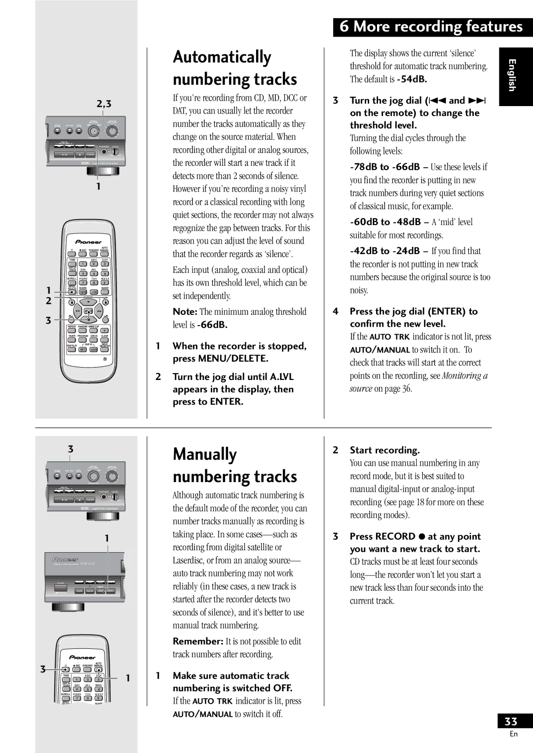 Pioneer PDR-609 operating instructions Automatically numbering tracks, Manually numbering tracks, Start recording 