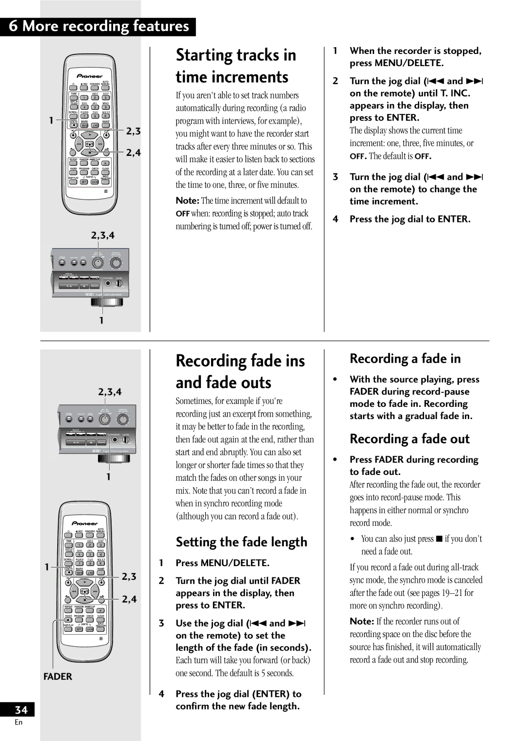 Pioneer PDR-609 Recording fade ins and fade outs, Starting tracks in time increments, Recording a fade, Fader 