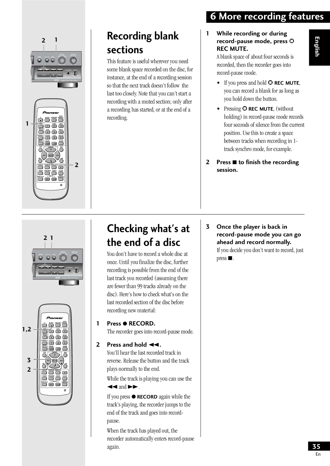 Pioneer PDR-609 operating instructions Recording blank sections, Checking whats at the end of a disc, REC Mute 