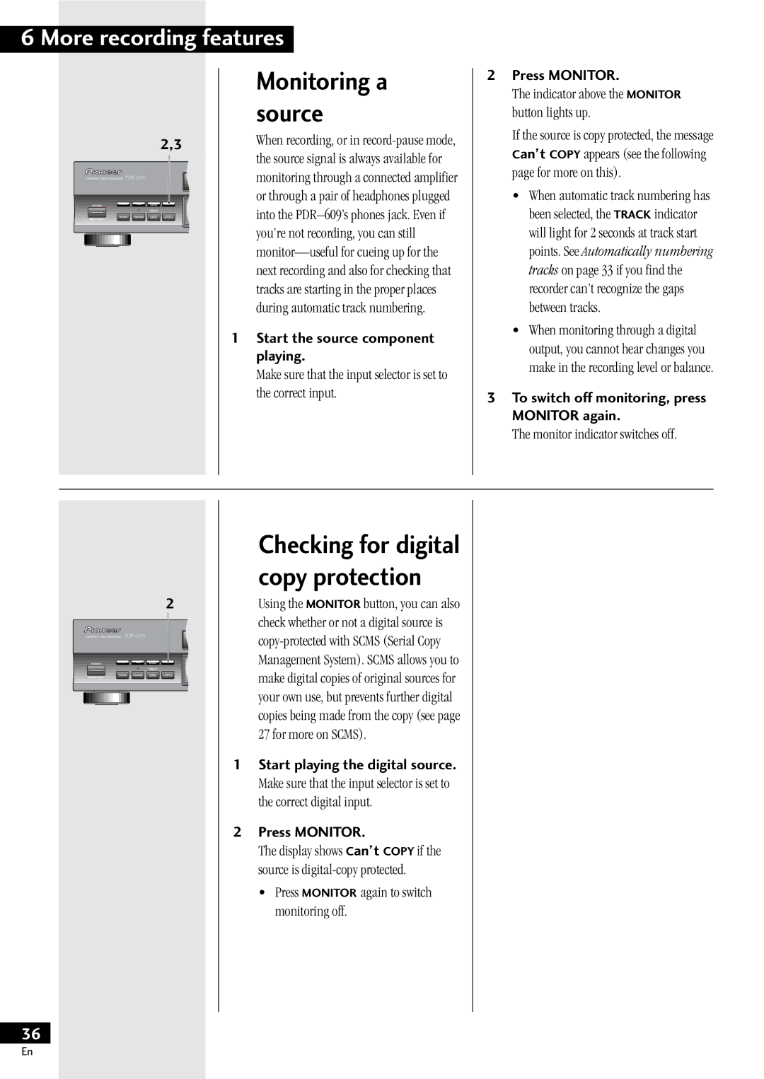 Pioneer PDR-609 operating instructions Monitoring a, Source, Checking for digital copy protection 