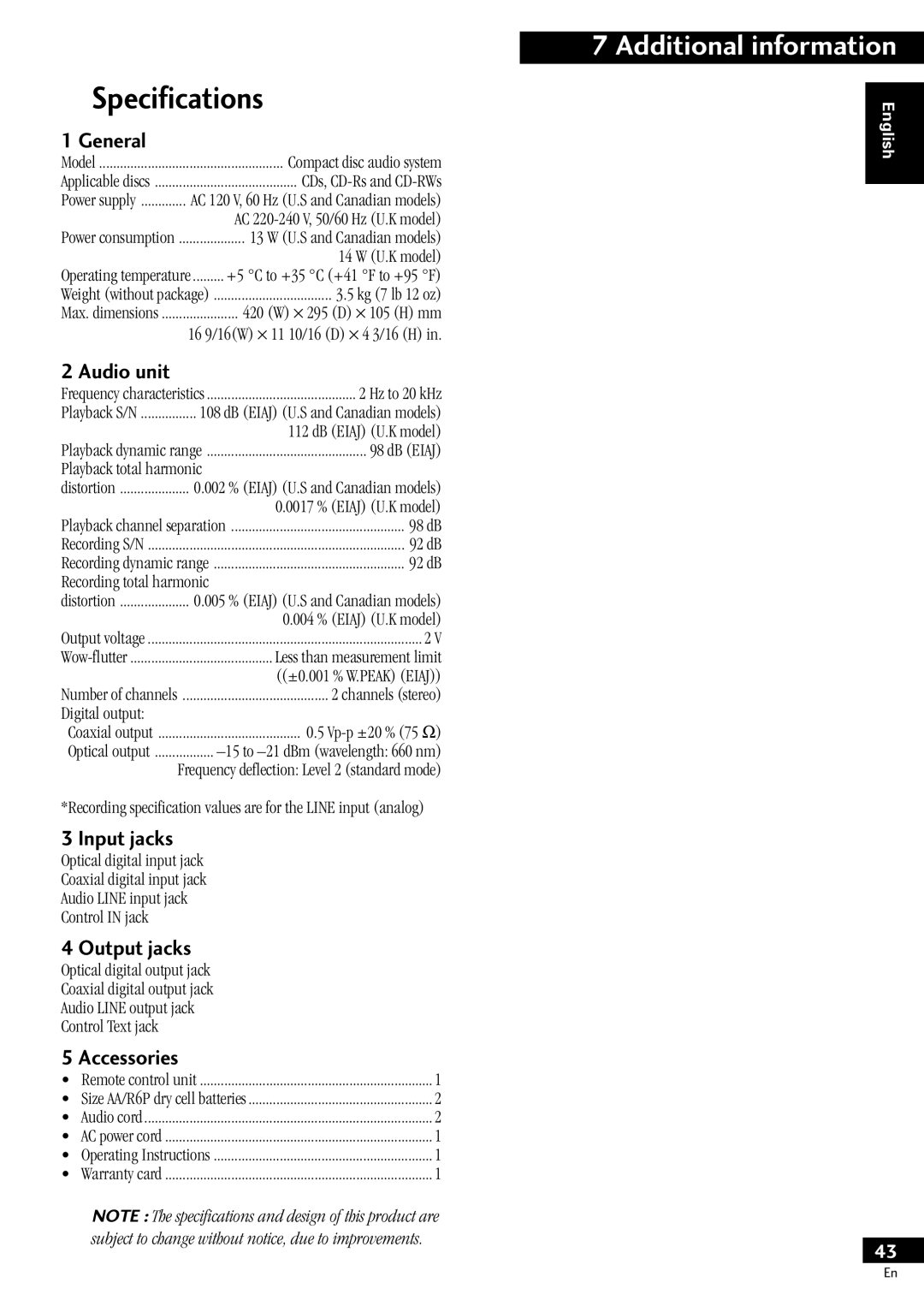 Pioneer PDR-609 operating instructions Specifications 