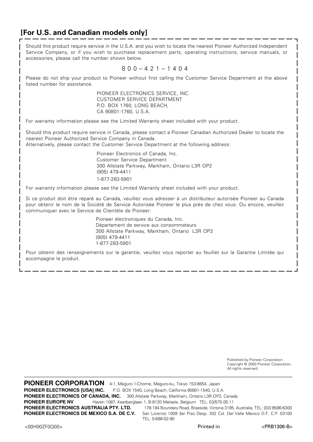 Pioneer PDR-609 operating instructions For U.S. and Canadian models only 