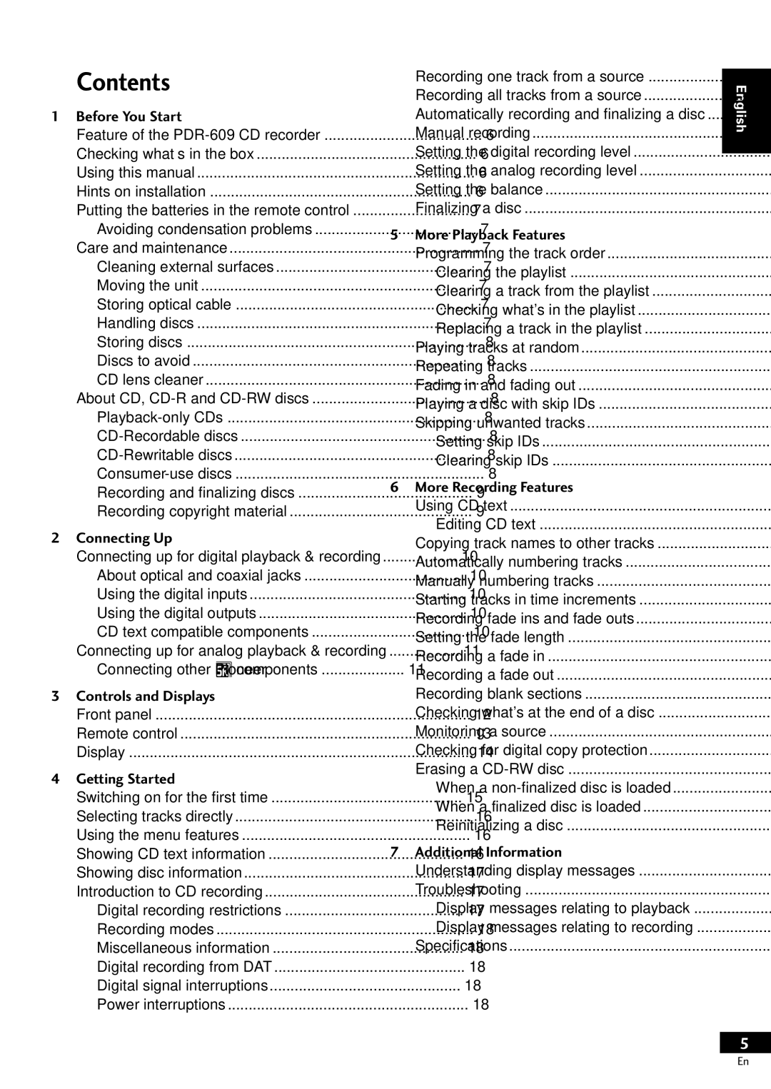 Pioneer PDR-609 operating instructions Contents 