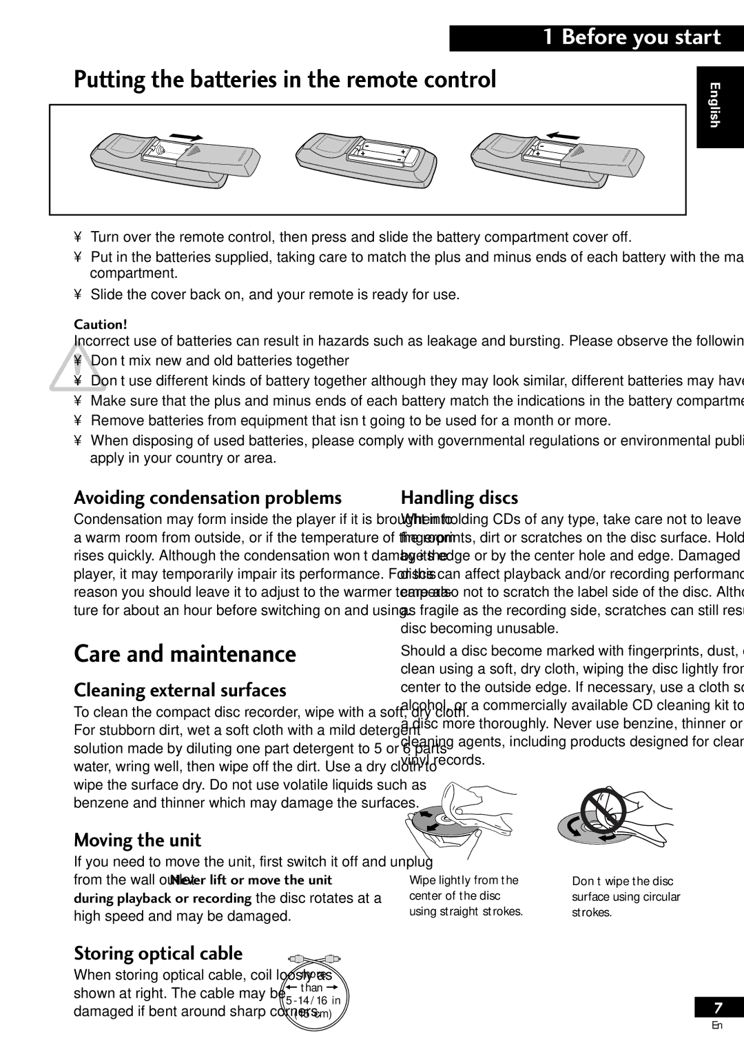 Pioneer PDR-609 operating instructions Care and maintenance, Putting the batteries in the remote control 