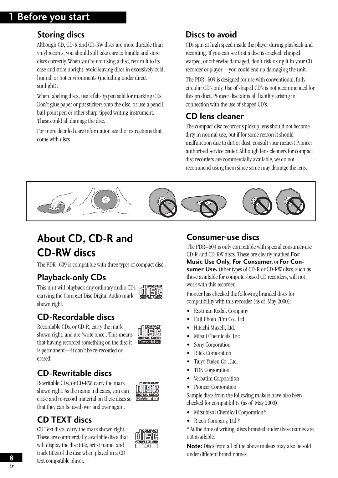 Pioneer PDR-609 operating instructions About CD, CD-R and CD-RW discs 