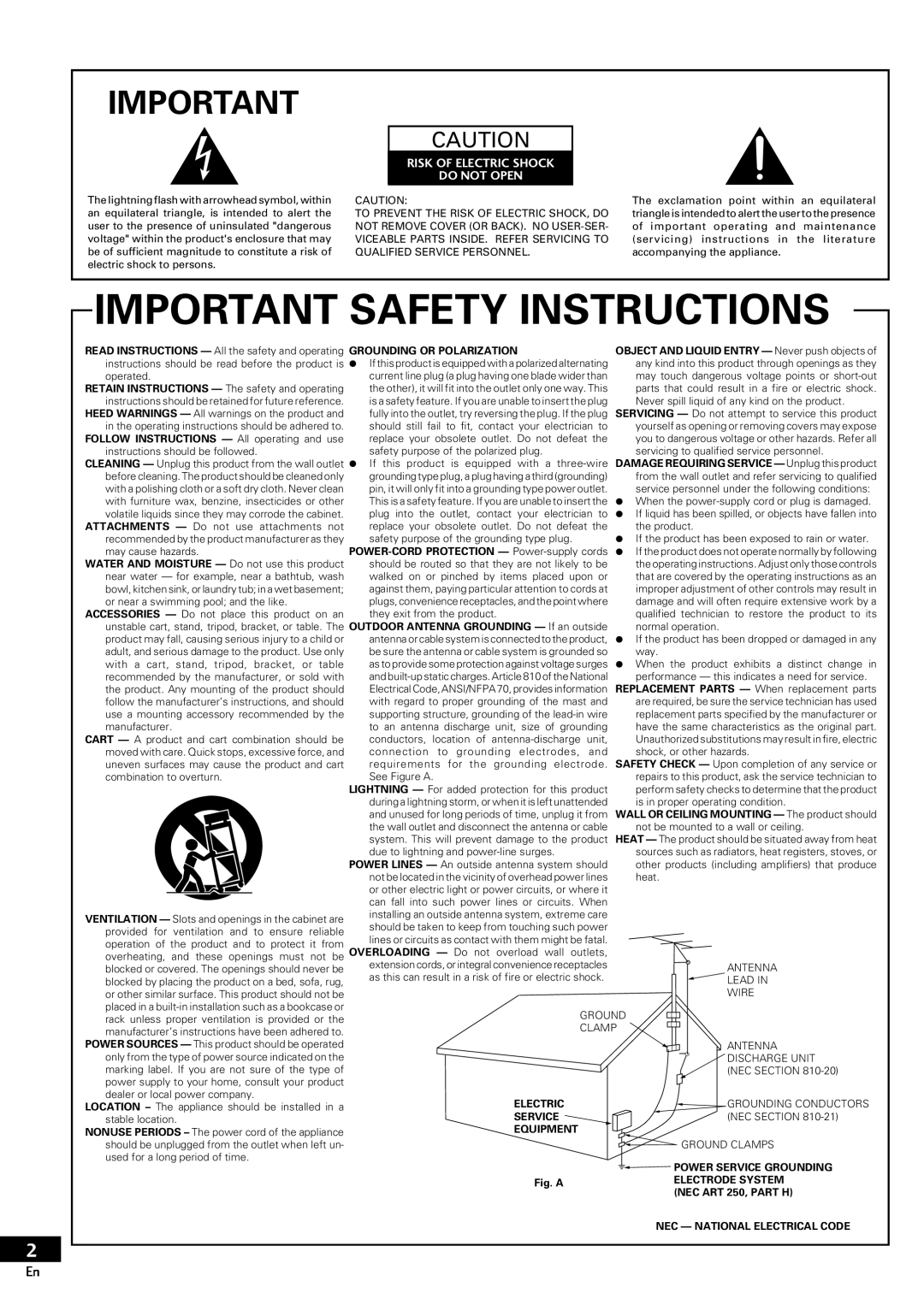Pioneer PDR-609 operating instructions Important Safety Instructions, Risk Of Electric Shock Do Not Open 