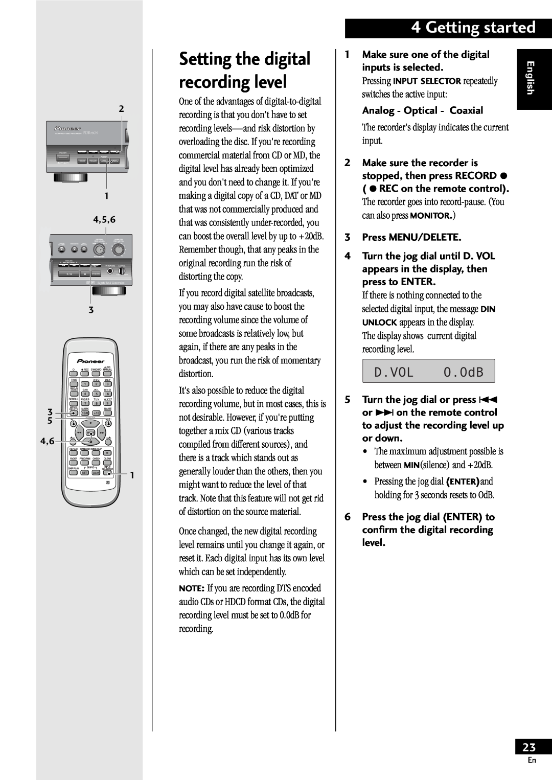 Pioneer PDR-609 operating instructions Setting the digital, recording level, Getting started, English, 1 4,5,6 
