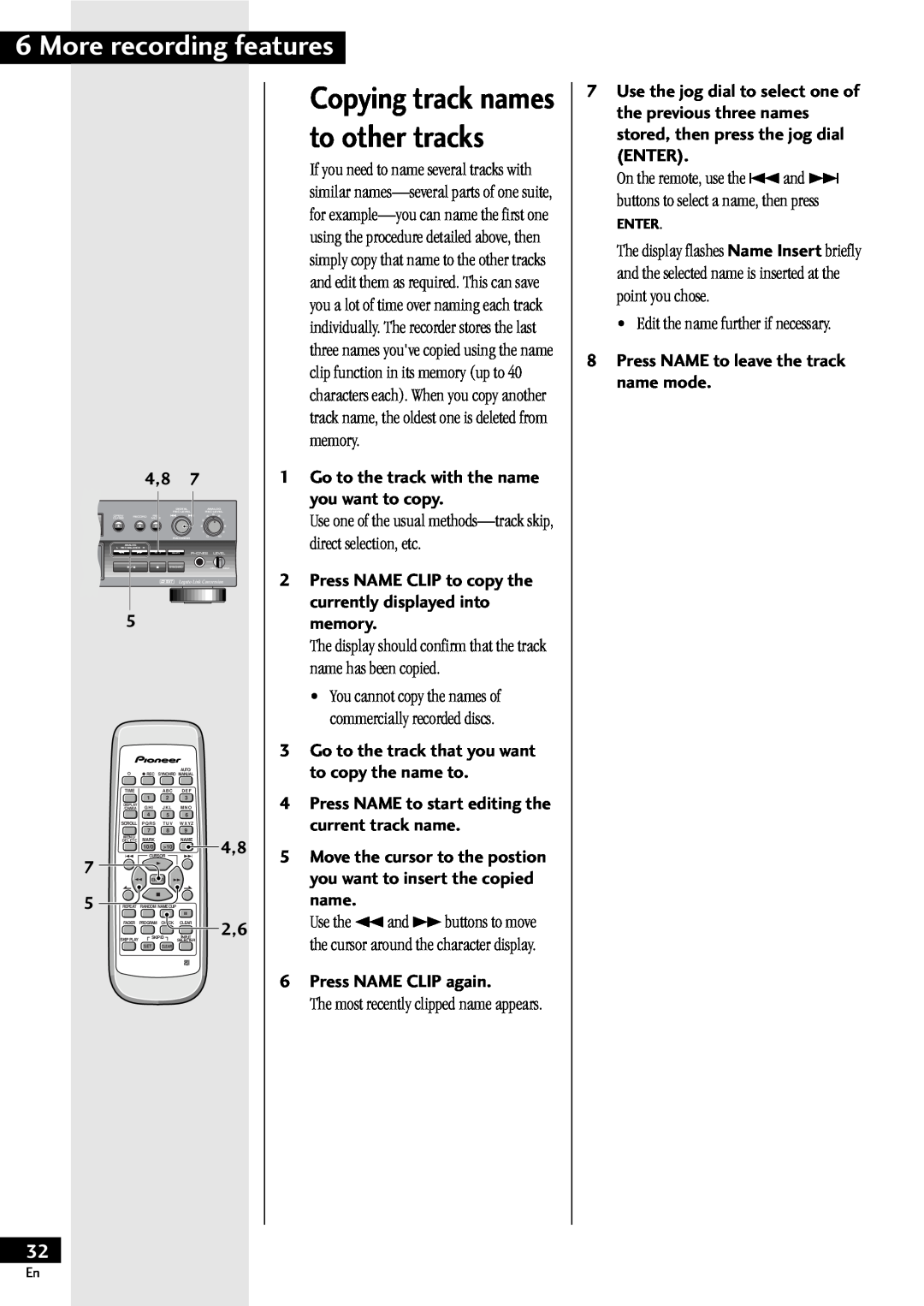 Pioneer PDR-609 operating instructions recording, Copying track names to other tracks 