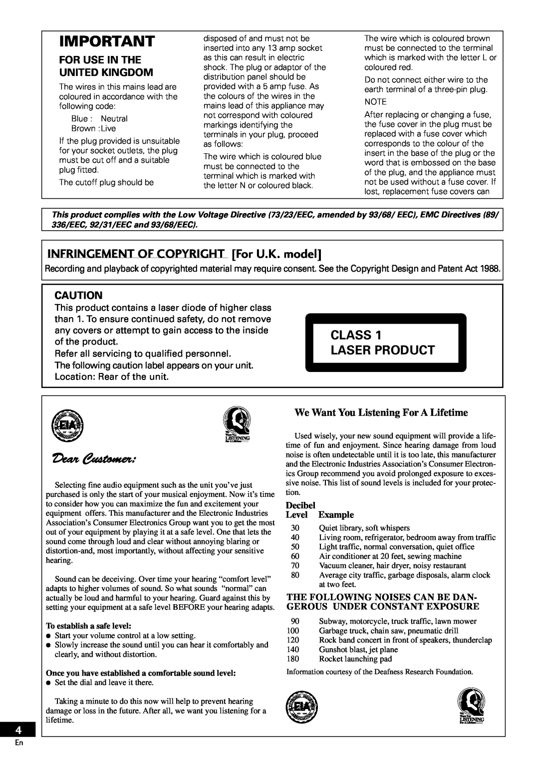 Pioneer PDR-609 INFRINGEMENT OF COPYRIGHT For U.K. model, Class Laser Product, For Use In The, United Kingdom 