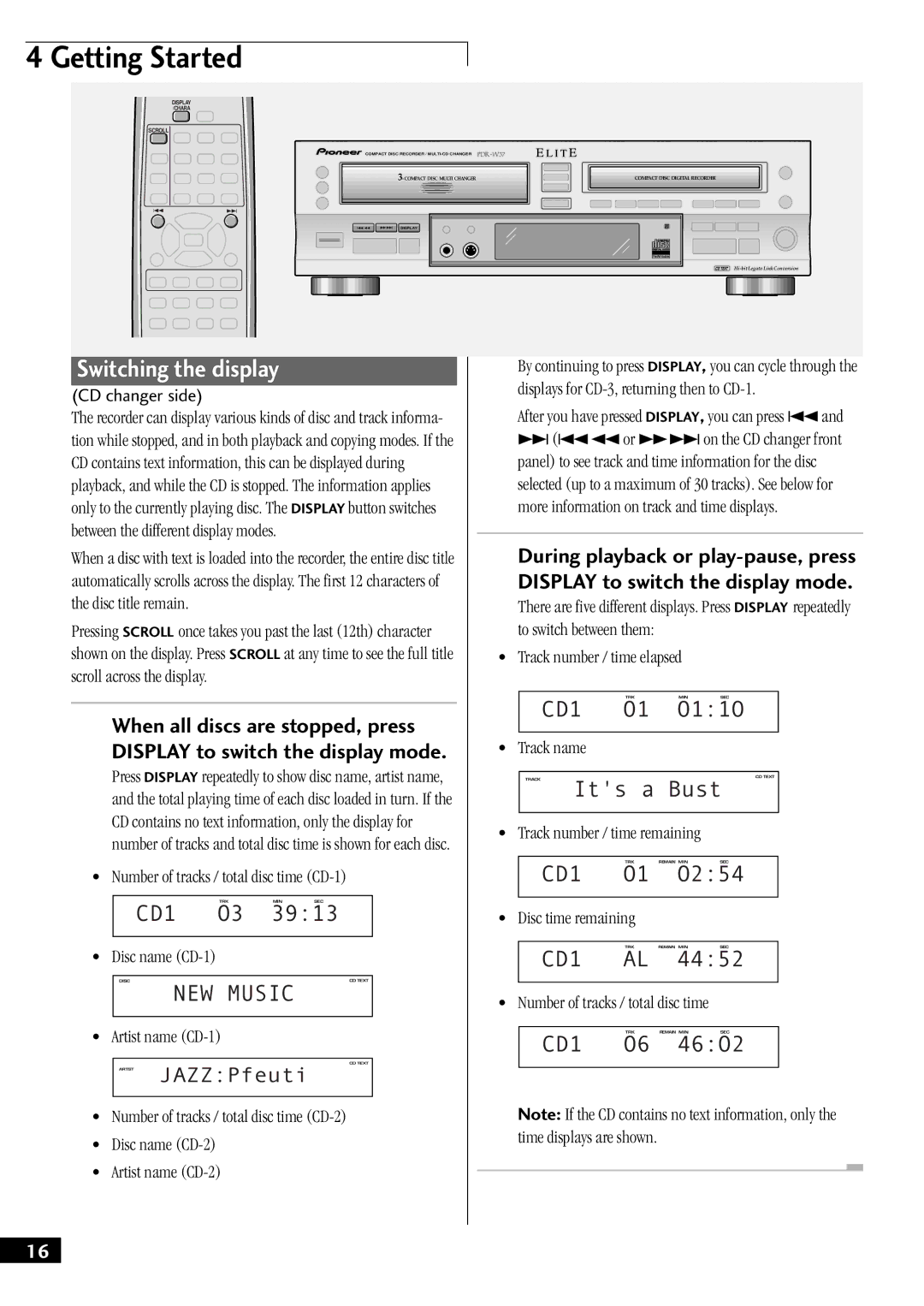 Pioneer PDR-W37 manual Switching the display, CD1, NEW Music 